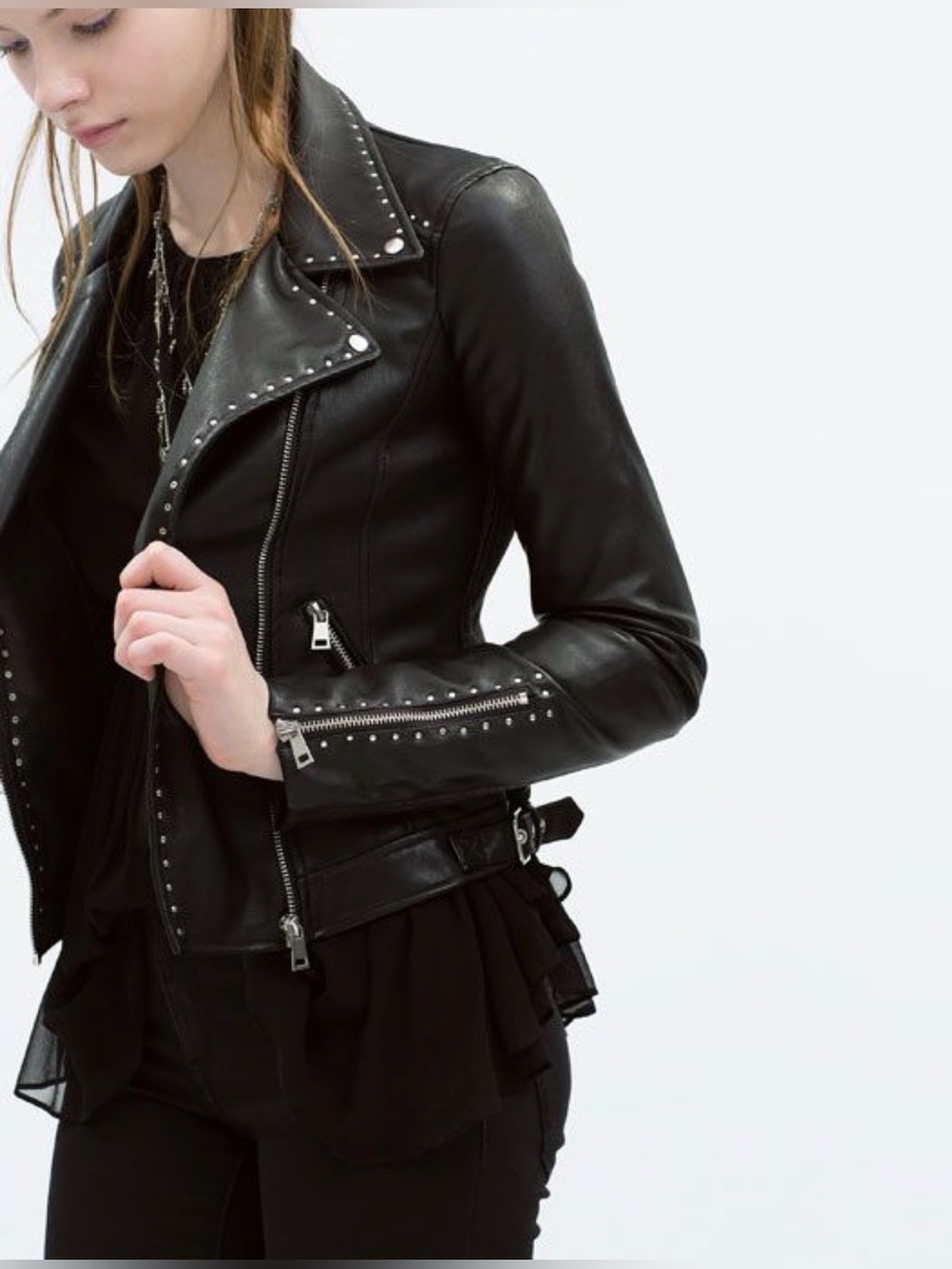 Zara Black Studded Leather Moto Jacket